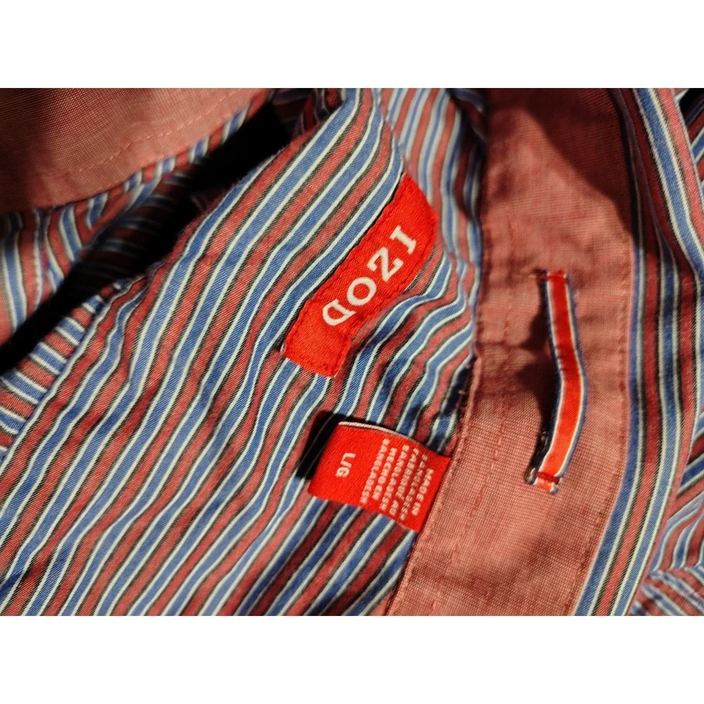 IZOD Shirt Men L Red/Blue Stripe Long Sleeve Preppy College Work Button‎ Down